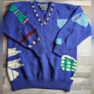 Berek Vintage Handknit Sweater V-neck Blue With Bows